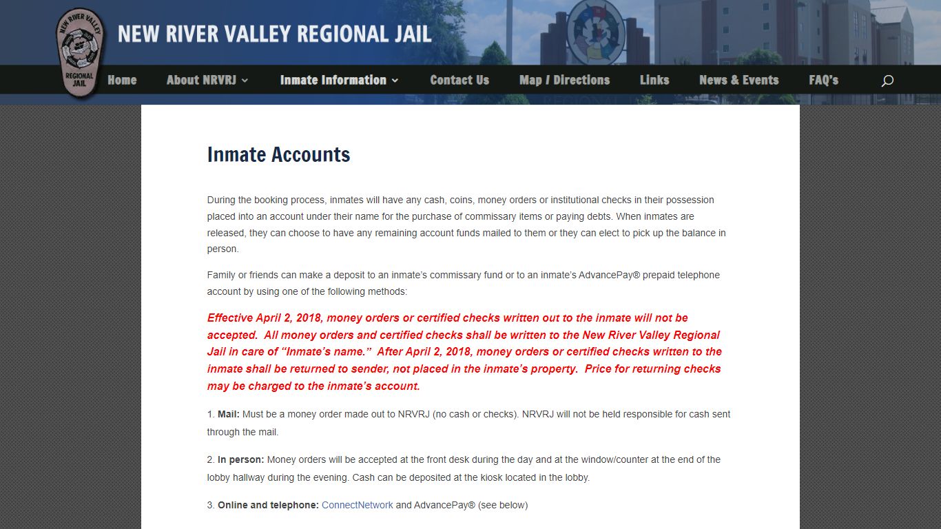 Inmate Accounts | New River Valley Regional Jail